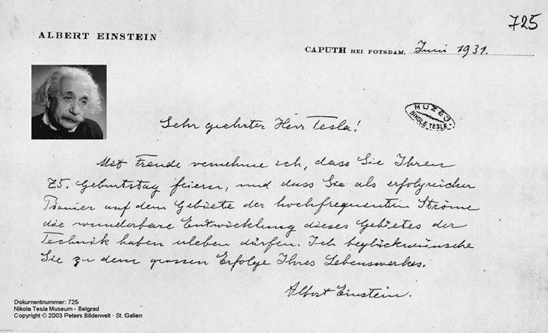 Carta de Einstein para Tesla (Foto: Reprodução/Arquivos de Tesla) Carta de Einstein para Tesla (Foto: Reprodução/Arquivos de Tesla)